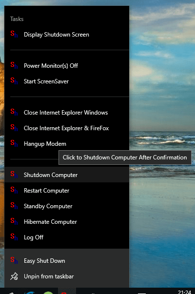 Screenshot of Easy ShutDown's JumpList on Windows 10
